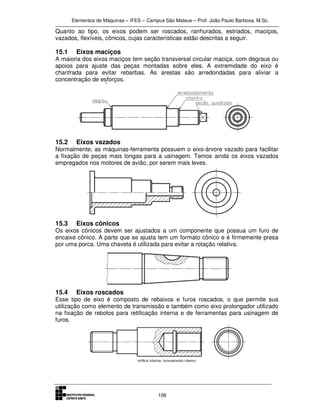 Elementos de Máquinas – IFES – Campus São Mateus – Prof. João Paulo Barbosa, M.Sc.
108
Quanto ao tipo, os eixos podem ser roscados, ranhurados, estriados, maciços,
vazados, flexíveis, cônicos, cujas características estão descritas a seguir.
15.1 Eixos maciços
A maioria dos eixos maciços tem seção transversal circular maciça, com degraus ou
apoios para ajuste das peças montadas sobre eles. A extremidade do eixo é
chanfrada para evitar rebarbas. As arestas são arredondadas para aliviar a
concentração de esforços.
15.2 Eixos vazados
Normalmente, as máquinas-ferramenta possuem o eixo-árvore vazado para facilitar
a fixação de peças mais longas para a usinagem. Temos ainda os eixos vazados
empregados nos motores de avião, por serem mais leves.
15.3 Eixos cônicos
Os eixos cônicos devem ser ajustados a um componente que possua um furo de
encaixe cônico. A parte que se ajusta tem um formato cônico e é firmemente presa
por uma porca. Uma chaveta é utilizada para evitar a rotação relativa.
15.4 Eixos roscados
Esse tipo de eixo é composto de rebaixos e furos roscados, o que permite sua
utilização como elemento de transmissão e também como eixo prolongador utilizado
na fixação de rebolos para retificação interna e de ferramentas para usinagem de
furos.
 