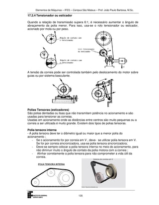 Elementos de Máquinas – IFES – Campus São Mateus – Prof. João Paulo Barbosa, M.Sc.
135
17.2.4 Tensionador ou esticador
Quando a relação de transmissão supera 6:1, é necessário aumentar o ângulo de
abraçamento da polia menor. Para isso, usa-se o rolo tensionador ou esticador,
acionado por mola ou por peso.
A tensão da correia pode ser controlada também pelo deslocamento do motor sobre
guias ou por sistema basculante.
Polias Tensoras (esticadores)
São polias dentadas ou lisas que não transmitem potência no acionamento e são
usadas para tensionar as correias.
Usadas em acionamento onde as distâncias entre centros são muito pequenas ou a
correia a ser utilizada é muito grande. Existem dois tipos de polias tensoras.
Polia tensora interna
- A polia tensora deve ter o diâmetro igual ou maior que a menor polia do
acionamento ;
- Se o acionamento for por correia em V , deve- se utilizar polia tensora em V.
Se for por correia sincronizadora, usa-se polia tensora sincronizadora;
- Deve-se sempre colocar a polia tensora interna no meio do acionamento, para
não diminuir muito o ângulo de contato da polia motora com a correia ;
- Alinhar corretamente a polia tensora para não comprometer a vida útil da
correia.
 