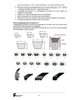 Elementos de Máquinas – IFES – Campus São Mateus – Prof. João Paulo Barbosa, M.Sc.
137
• Permite uma boa proximidade entre eixos. O limite é dado por p = D + 3/2h (D
= diâmetro da polia maior e h = altura da correia).
• A pressão nos flancos, em consequência do efeito de cunha, triplica em
relação à correia plana.
• Partida com menor tensão prévia que a correia plana.
• Menor carga sobre os mancais que a correia plana.
• Elimina os ruídos e os choques, típicos da correia emendada com grampos.
• Emprego de até doze correias numa mesma polia.
Perfil e designação das correias em V
A designação é feita por uma letra que representa o formato e por um número que é
o perímetro médio da correia em polegada.
Os perfis são normalizados e denominam-se formato A, B, C, D e E, suas dimensões
são mostradas na figura a seguir.
 
