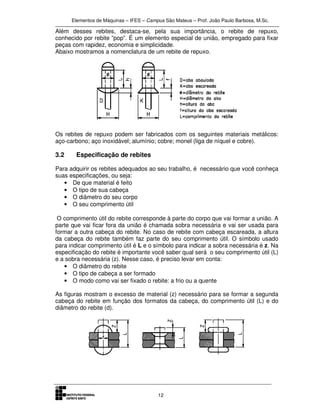 Elementos de Máquinas – IFES – Campus São Mateus – Prof. João Paulo Barbosa, M.Sc.
12
Além desses rebites, destaca-se, pela sua importância, o rebite de repuxo,
conhecido por rebite ”pop”. É um elemento especial de união, empregado para fixar
peças com rapidez, economia e simplicidade.
Abaixo mostramos a nomenclatura de um rebite de repuxo.
Os rebites de repuxo podem ser fabricados com os seguintes materiais metálicos:
aço-carbono; aço inoxidável; alumínio; cobre; monel (liga de níquel e cobre).
3.2 Especificação de rebites
Para adquirir os rebites adequados ao seu trabalho, é necessário que você conheça
suas especificações, ou seja:
• De que material é feito
• O tipo de sua cabeça
• O diâmetro do seu corpo
• O seu comprimento útil
O comprimento útil do rebite corresponde à parte do corpo que vai formar a união. A
parte que vai ficar fora da união é chamada sobra necessária e vai ser usada para
formar a outra cabeça do rebite. No caso de rebite com cabeça escareada, a altura
da cabeça do rebite também faz parte do seu comprimento útil. O símbolo usado
para indicar comprimento útil é L e o símbolo para indicar a sobra necessária é z. Na
especificação do rebite é importante você saber qual será o seu comprimento útil (L)
e a sobra necessária (z). Nesse caso, é preciso levar em conta:
• O diâmetro do rebite
• O tipo de cabeça a ser formado
• O modo como vai ser fixado o rebite: a frio ou a quente
As figuras mostram o excesso de material (z) necessário para se formar a segunda
cabeça do rebite em função dos formatos da cabeça, do comprimento útil (L) e do
diâmetro do rebite (d).
 