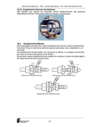 Elementos de Máquinas – IFES – Campus São Mateus – Prof. João Paulo Barbosa, M.Sc.
152
19.2.6 Acoplamentos flexíveis não Elásticos
São aqueles que, apesar de acomodar certos desalinhamento não possuem
elasticidade torsional, transmitindo todos os choque e sobrecargas.
19.3 Acoplamentos Móveis
São empregados para permitir o jogo longitudinal das árvores. Esses acoplamentos
transmitem força e movimento somente quando acionados, isto é, obedecem a um
comando.
Os acoplamentos móveis podem ser: de garras ou dentes, e a rotação é transmitida
por meio do encaixe das garras ou de dentes.
Geralmente, esses acoplamentos são usados em aventais e caixas de engrenagens
de máquinas-ferramenta convencionais.
 