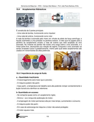 Elementos de Máquinas – IFES – Campus São Mateus – Prof. João Paulo Barbosa, M.Sc.
153
19.4 Acoplamentos Hidráulicos
É constituído de 2 partes principais
- Uma roda de bomba, funcionando como impulsor
- Uma roda de turbina, funcionando como rotor
A roda da bomba é acionada pelo motor em virtude do efeito da força centrífuga, o
líquido submetido à uma pressão na periferia exterior. O óleo que foi jogado para a
periferia do acoplamento arrasta a roda de turbina que está acoplada ao eixo
acionado. No instante da partida não existe uma carga sobre o eixo acionado, e o
motor parte livre, alcançando sua rotação de regime. Enquanto o eixo acionado vai
sendo arrastado suave e gradativamente, motivo pelo qual estes acoplamentos são
usados em transmissões de altas potências.
19.4.1 Importância da carga de fluido
a – Quantidade insuficiente
- O escorregamento será maior que o previsto;
- A máquina poderá não partir;
- Caso partir, a temperatura de trabalho será alta podendo romper constantemente o
bujão fusível e/ou danificar os retentores
b- Quantidade em excesso
- Se comporta quase como um acoplamento rígido;
- Diminui – se o torque de aceleração do motor;
- A amperagem do motor permanece alta por mais tempo, aumentando o consumo;
- A máquina pode não partir;
- Em caso de sobrecarga da máquina o motor não estará protegido;
- O motor aquece mais.
 