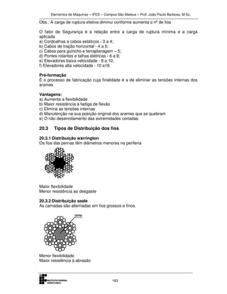 Elementos de Máquinas – IFES – Campus São Mateus – Prof. João Paulo Barbosa, M.Sc.
163
Obs.: A carga de ruptura efetiva diminui conforme aumenta o nº de fios
O fator de Segurança é a relação entre a carga de ruptura mínima e a carga
aplicada
a) Cordoalhas e cabos estáticos - 3 a 4;
b) Cabos de tração horizontal - 4 a 5;
c) Cabos para guincho e terraplanagem – 5;
d) Pontes rolantes e talhas elétricas - 6 a 8;
e) Elevadores baixa velocidade - 8 a 10;
f) Elevadores alta velocidade - 10 a16.
Pré-formação
É o processo de fabricação cuja finalidade é a de eliminar as tensões internas dos
arames
Vantagens:
a) Aumenta a flexibilidade
b) Maior resistência à fadiga de flexão
c) Elimina as tensões internas
d) Manutenção na sua posição original dos arames que se quebram
e) O não desenrolamento das extremidades cortadas
20.3 Tipos de Distribuição dos fios
20.3.1 Distribuição warrington
Os fios das pernas têm diâmetros menores na periferia
Maior flexibilidade
Menor resistência ao desgaste
20.3.2 Distribuição seale
As camadas são alternadas em fios grossos e finos.
Menor flexibilidade
Maior resistência à abrasão
 