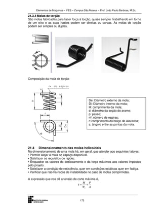 Elementos de Máquinas – IFES – Campus São Mateus – Prof. João Paulo Barbosa, M.Sc.
173
21.3.4 Molas de torção
São molas fabricadas para fazer força à torção, quase sempre trabalhando em torno
de um eixo e as suas hastes podem ser direitas ou curvas. As molas de torção
podem ser simples ou duplas.
Composição da mola de torção
21.4 Dimensionamento das molas helicoidais
No dimensionamento de uma mola há, em geral, que atender aos seguintes fatores:
• Permitir alojar a mola no espaço disponível.
• Satisfazer os requisitos de rigidez.
• Enquadrar os valores do deslocamento e da força máximos aos valores impostos
pelo projeto.
• Satisfazer a condição de resistência, quer em condições estáticas quer em fadiga.
• Verificar que não há riscos de instabilidade no caso de molas comprimidas.
A expressão que nos dá a tensão de corte máxima é,
A
P
W
M
t
+=τ
De: Diâmetro externo da mola;
Di: Diâmetro interno da mola;
H: comprimento da mola;
d: diâmetro da seção do arame;
p: passo;
nº: número de espiras;
r: comprimento do braço de alavanca;
a: ângulo entre as pontas da mola.
 