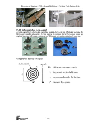 Elementos de Máquinas – IFES – Campus São Mateus – Prof. João Paulo Barbosa, M.Sc.
176
21.5.3 Molas espiral ou mola caracol
A mola espiral tem a forma de espiral ou caracol. Em geral ela é feita de barra ou de
lâmina com seção retangular. A mola espiral é enrolada de tal forma que todas as
espiras ficam concêntricas e coplanares. Utilizadas em portas, relógios, trenas etc.
Componentes da mola em espiral
 