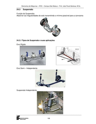 Elementos de Máquinas – IFES – Campus São Mateus – Prof. João Paulo Barbosa, M.Sc.
198
24.3 Suspensão
Função da Suspensão:
Absorver as irregularidades do solo transmitindo o mínimo possível para a carroceria
24.3.1 Tipos de Suspensão e suas aplicações
Eixo Rígido
Eixo Semi – Independente
Suspensão Independente
 