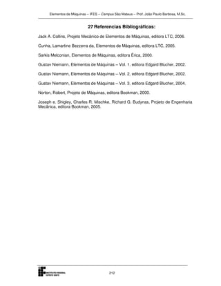 Elementos de Máquinas – IFES – Campus São Mateus – Prof. João Paulo Barbosa, M.Sc.
212
27 Referencias Bibliográficas:
Jack A. Collins, Projeto Mecânico de Elementos de Máquinas, editora LTC, 2006.
Cunha, Lamartine Bezzerra da, Elementos de Máquinas, editora LTC, 2005.
Sarkis Melconian, Elementos de Máquinas, editora Érica, 2000.
Gustav Niemann, Elementos de Máquinas – Vol. 1, editora Edgard Blucher, 2002.
Gustav Niemann, Elementos de Máquinas – Vol. 2, editora Edgard Blucher, 2002.
Gustav Niemann, Elementos de Máquinas – Vol. 3, editora Edgard Blucher, 2004.
Norton, Robert, Projeto de Máquinas, editora Bookman, 2000.
Joseph e. Shigley, Charles R. Mischke, Richard G. Budynas, Projeto de Engenharia
Mecânica, editora Bookman, 2005.
 