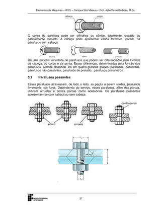 Elementos de Máquinas – IFES – Campus São Mateus – Prof. João Paulo Barbosa, M.Sc.
37
O corpo do parafuso pode ser cilíndrico ou cônico, totalmente roscado ou
parcialmente roscado. A cabeça pode apresentar vários formatos; porém, há
parafusos sem cabeça.
Há uma enorme variedade de parafusos que podem ser diferenciados pelo formato
da cabeça, do corpo e da ponta. Essas diferenças, determinadas pela função dos
parafusos, permite classificá -los em quatro grandes grupos: parafusos passantes,
parafusos não-passantes, parafusos de pressão, parafusos prisioneiros.
5.7 Parafusos passantes
Esses parafusos atravessam, de lado a lado, as peças a serem unidas, passando
livremente nos furos. Dependendo do serviço, esses parafusos, além das porcas,
utilizam arruelas e contra porcas como acessórios. Os parafusos passantes
apresentam-se com cabeça ou sem cabeça.
 