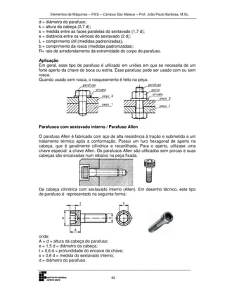 Elementos de Máquinas – IFES – Campus São Mateus – Prof. João Paulo Barbosa, M.Sc.
42
d = diâmetro do parafuso;
k = altura da cabeça (0,7 d);
s = medida entre as faces paralelas do sextavado (1,7 d);
e = distância entre os vértices do sextavado (2 d);
L = comprimento útil (medidas padronizadas);
b = comprimento da rosca (medidas padronizadas);
R= raio de arredondamento da extremidade do corpo do parafuso.
Aplicação
Em geral, esse tipo de parafuso é utilizado em uniões em que se necessita de um
forte aperto da chave de boca ou estria. Esse parafuso pode ser usado com ou sem
rosca.
Quando usado sem rosca, o rosqueamento é feito na peça.
Parafusos com sextavado interno / Parafuso Allen
O parafuso Allen é fabricado com aço de alta resistência à tração e submetido a um
tratamento térmico após a conformação. Possui um furo hexagonal de aperto na
cabeça, que é geralmente cilíndrica e recartilhada. Para o aperto, utilizase uma
chave especial: a chave Allen. Os parafusos Allen são utilizados sem porcas e suas
cabeças são encaixadas num rebaixo na peça fixada.
De cabeça cilíndrica com sextavado interno (Allen). Em desenho técnico, este tipo
de parafuso é representado na seguinte forma:
onde:
A = d = altura da cabeça do parafuso;
e = 1,5 d = diâmetro da cabeça;
t = 0,6 d = profundidade do encaixe da chave;
s = 0,8 d = medida do sextavado interno;
d = diâmetro do parafuso.
 