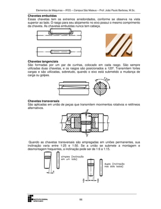 Elementos de Máquinas – IFES – Campus São Mateus – Prof. João Paulo Barbosa, M.Sc.
66
Chavetas embutidas
Essas chavetas tem os extremos arredondados, conforme se observa na vista
superior ao lado. O rasgo para seu alojamento no eixo possui o mesmo comprimento
da chaveta. As chavetas embutidas nunca tem cabeça.
Chavetas tangenciais
São formadas por um par de cunhas, colocado em cada rasgo. São sempre
utilizadas duas chavetas, e os rasgos são posicionados a 120º. Transmitem fortes
cargas e são utilizadas, sobretudo, quando o eixo está submetido a mudança de
carga ou golpes.
Chavetas transversais
São aplicadas em união de peças que transmitem movimentos rotativos e retilíneos
alternativos.
Quando as chavetas transversais são empregadas em uniões permanentes, sua
inclinação varia entre 1:25 e 1:50. Se a união se submete a montagem e
desmontagem frequentes, a inclinação pode ser de 1:6 a 1:15.
 