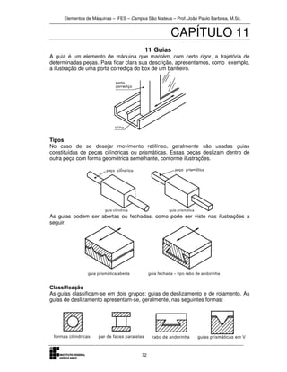 Elementos de Máquinas – IFES – Campus São Mateus – Prof. João Paulo Barbosa, M.Sc.
72
CAPÍTULO 11
11 Guias
A guia é um elemento de máquina que mantém, com certo rigor, a trajetória de
determinadas peças. Para ficar clara sua descrição, apresentamos, como exemplo,
a ilustração de uma porta corrediça do box de um banheiro.
Tipos
No caso de se desejar movimento retilíneo, geralmente são usadas guias
constituídas de peças cilíndricas ou prismáticas. Essas peças deslizam dentro de
outra peça com forma geométrica semelhante, conforme ilustrações.
As guias podem ser abertas ou fechadas, como pode ser visto nas ilustrações a
seguir.
Classificação
As guias classificam-se em dois grupos: guias de deslizamento e de rolamento. As
guias de deslizamento apresentam-se, geralmente, nas seguintes formas:
 