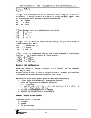 Elementos de Máquinas – IFES – Campus São Mateus – Prof. João Paulo Barbosa, M.Sc.
93
Símbolos de Furo
Regras:
1ª Regra: Para rolamentos fixos de uma carreira de esferas pequenos e miniaturas
(diâmetro de 1 à 9 mm). O número de identificação é composto por 3 dígitos, sendo
que o último dígito indica a dimensão do furo em milímetros.
601 : . Ø = 1 m m;
602 : . Ø = 2 mm;
609 : . Ø = 9 mm.
2ª Regra: Para as quatro dimensões abaixo, a regra é fixa:
xx00 : . = Ø =10 mm;
xx01 : . = Ø 12 mm;
xx02 : . = Ø = 15 mm;
xx03 : . = Ø = 17 mm.
3ª Regra: Para furos acima de 20 mm, têm-se uma regra, na qual, basta multiplicar
os dois últimos dígitos por 5.
xx04 : . Ø = 20 mm (04 x 5);
xx05 : . Ø = 25 mm;
xx96 : . = Ø = 480 mm.
4ª Regra: Para furos maiores que 480 mm, após a série dimensional, acrescenta-se
uma barra ( / ) e a dimensão nominal do diâmetro interno.
xx/500 : . Ø = 500 mm;
xx/1800 : . Ø = 1800 mm;
xx/7800 : . Ø = 7800 mm.
Cuidados com os rolamentos
Na troca de rolamentos, deve-se tomar muito cuidado, verificando sua procedência e
seu código correto.
Antes da instalação é preciso verificar cuidadosamente os catálogos dos fabricantes
e das máquinas, seguindo as especificações recomendadas.
Na montagem, entre outros, devem ser tomados os seguintes cuidados:
verificar se as dimensões do eixo e cubo estão corretas;
usar o lubrificante recomendado pelo fabricante;
remover rebarbas;
no caso de reaproveitamento do rolamento, deve-se lavá-lo e lubrificá -lo
imediatamente para evitar oxidação;
não usar estopa nas operações de limpeza;
trabalhar em ambiente livre de pó e umidade.
Defeitos comuns dos rolamentos
Os defeitos comuns ocorrem por:
·desgaste;
·fadiga;
·falhas mecânicas.
 