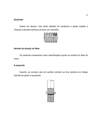 12
Quadrado
Quase em desuso, mas ainda utilizado em parafusos e peças sujeitas a
choques e grandes esforços (morsas, por exemplo).
Sentido de direção do filete
Os parafusos apresentam duas classificações quanto ao sentido do filete de
rosca.
À esquerda
Quando, ao avançar, gira em sentido contrário ao dos ponteiros do relógio
(sentido de aperto à esquerda).
 