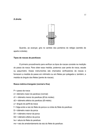 13
À direita
Quando, ao avançar, gira no sentido dos ponteiros do relógio (sentido de
aperto à direita).
Tipos de roscas de parafusos
O primeiro procedimento para verificar os tipos de roscas consiste na medição
do passo da rosca. Para obter essa medida, podemos usar pente de rosca, escala
ou paquímetro. Esses instrumentos são chamados verificadores de roscas e
fornecem a medida do passo em milímetro ou em filetes por polegada e, também, a
medida do ângulo dos filetes (pente de roscas).
Rosca métrica triangular (normal e fina)
P = passo da rosca
d = diâmetro maior do parafuso (normal)
d1 = diâmetro menor do parafuso (Ø do núcleo)
d2 = diâmetro efetivo do parafuso (Ø médio)
a = ângulo do perfil da rosca
f = folga entre a raiz do filete da porca e a crista do filete do parafuso
D = diâmetro maior da porca
D1 = diâmetro menor da porca
D2 = diâmetro efetivo da porca
he = altura do filete do parafuso
rre = raio de arredondamento da raiz do filete do parafuso
 