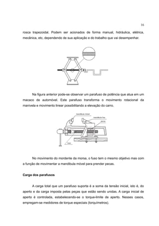 16
rosca trapezoidal. Podem ser acionados de forma manual, hidráulica, elétrica,
mecânica, etc, dependendo de sua aplicação e do trabalho que vai desempenhar.
Na figura anterior pode-se observar um parafuso de potência que atua em um
macaco de automóvel. Este parafuso transforma o movimento rotacional da
manivela e movimento linear possibilitando a elevação do carro.
No movimento do mordente da morsa, o fuso tem o mesmo objetivo mas com
a função de movimentar a mandibula móvel para prender pecas.
Carga dos parafusos
A carga total que um parafuso suporta é a soma da tensão inicial, isto é, do
aperto e da carga imposta pelas peças que estão sendo unidas. A carga inicial de
aperto é controlada, estabelecendo-se o torque-limite de aperto. Nesses casos,
empregam-se medidores de torque especiais (torquímetros).
 