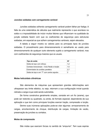 23
Juncões soldadas com carregamento variável
Juncões soldadas sofrendo carregamento variável podem falhar por fadiga. A
falta de uma sistemática de cálculos que realmente represente o que acontece na
solda e a impossibilidade de incluir muitos fatores que influenciam na qualidade da
junção soldada fazem com que os coeficientes de segurança para estruturas
soldadas, em especial as que sofrem carregamentos variáveis, sejam elevados.
A tabela a seguir mostra os valores para os principais tipos de juncões
soldadas. O procedimento para dimensionamento é semelhante ao usado para
dimensionamento de qualquer outro elemento sujeito a carregamento variável, mas
com coeficientes de segurança maiores que os usuais.
Tipo de solda Kf
Solda de topo com reforço 1,2
Cordoes transversais – inclui flexão e torção 1,5
Extremidade de cordões paralelos 2,7
Solda de topo e em “T” com cantos agudos 2
Molas helicoidais cilíndricas
São elementos de máquinas que apresentam grandes deformações sem
ultrapassar seu limite elástico, ou seja, retornam a sua configuração inicial quando
retirada a carga à que está sendo submetida.
De forma construtiva geralmente simples, consiste em um fio (arame), que
pode ser redondo ou quadrado, ou ainda, de formato especial, dependendo de sua
aplicação e que tem como principais funções exercer tração, compressão e torção.
Dentre suas inúmeras aplicações pode-se citar algumas: armazenamento de
cargas, amortecimento de choque, distribuição de cargas, limitação de vazão,
preservação de juncões ou contatos.
Molas de compressão
São molas que exercem forcas no sentido de “empurrar”. Tem suas espiras
 