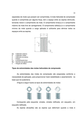 24
separadas de modo que possam ser comprimidas. A mola helicoidal de compressão
quando é comprimida por alguma força, tem o espaço entre as espiras diminuído,
tornando menor o comprimento da mola. O comprimento livre(Lo) é o comprimento
máximo da mola livre de carregamento. O comprimento sólido(Ls) e o comprimento
mínimo da mola quando a carga aplicada é suficiente para eliminar todos os
espaços entre as espiras.
De = Diâmetro externo
D = Diâmetro médio
d = Diâmetro do arame
p = Passo
Lo = Comprimento livre
Na = Numero de espiras ativas
λ = Ângulo de hélice
Tipos de extremidades das molas helicoidais de compressão
As extremidades das molas de compressão são preparadas conforme a
necessidade de aplicação, para proporcionar maior estabilidade e assentamento na
base que irá sustentá-la.
A figura a seguir ilustra os tipos de extremidades de molas:
Começando pela esquerda: simples, simples retificada, em esquadro, em
esquadro retificada.
As espiras ativas(Na) são as espiras que deformam quando a mola é
 