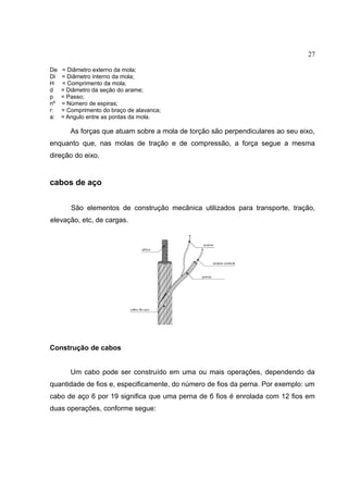 27
De = Diâmetro externo da mola;
Di = Diâmetro interno da mola;
H = Comprimento da mola;
d = Diâmetro da seção do arame;
p = Passo;
nº = Número de espiras;
r: = Comprimento do braço de alavanca;
a: = Angulo entre as pontas da mola.
As forças que atuam sobre a mola de torção são perpendiculares ao seu eixo,
enquanto que, nas molas de tração e de compressão, a força segue a mesma
direção do eixo.
cabos de aço
São elementos de construção mecânica utilizados para transporte, tração,
elevação, etc, de cargas.
Construção de cabos
Um cabo pode ser construído em uma ou mais operações, dependendo da
quantidade de fios e, especificamente, do número de fios da perna. Por exemplo: um
cabo de aço 6 por 19 significa que uma perna de 6 fios é enrolada com 12 fios em
duas operações, conforme segue:
 