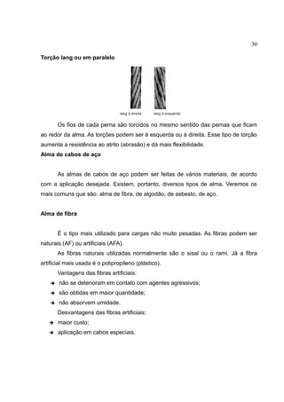 30
Torção lang ou em paralelo
Os fios de cada perna são torcidos no mesmo sentido das pernas que ficam
ao redor da alma. As torções podem ser à esquerda ou à direita. Esse tipo de torção
aumenta a resistência ao atrito (abrasão) e dá mais flexibilidade.
Alma de cabos de aço
As almas de cabos de aço podem ser feitas de vários materiais, de acordo
com a aplicação desejada. Existem, portanto, diversos tipos de alma. Veremos os
mais comuns que são: alma de fibra, de algodão, de asbesto, de aço.
Alma de fibra
É o tipo mais utilizado para cargas não muito pesadas. As fibras podem ser
naturais (AF) ou artificiais (AFA).
As fibras naturais utilizadas normalmente são o sisal ou o rami. Já a fibra
artificial mais usada é o polipropileno (plástico).
Vantagens das fibras artificiais:
➔ não se deterioram em contato com agentes agressivos;
➔ são obtidas em maior quantidade;
➔ não absorvem umidade.
Desvantagens das fibras artificiais:
➔ maior custo;
➔ aplicação em cabos especiais.
 