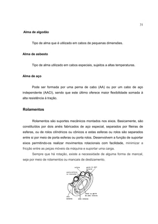 31
Alma de algodão
Tipo de alma que é utilizado em cabos de pequenas dimensões.
Alma de asbesto
Tipo de alma utilizado em cabos especiais, sujeitos a altas temperaturas.
Alma de aço
Pode ser formada por uma perna de cabo (AA) ou por um cabo de aço
independente (AACI), sendo que este último oferece maior flexibilidade somada à
alta resistência à tração.
Rolamentos
Rolamentos são suportes mecânicos montados nos eixos. Basicamente, são
constituídos por dois anéis fabricados de aço especial, separados por fileiras de
esferas, ou de rolos cilíndricos ou cônicos e estas esferas ou rolos são separados
entre si por meio de porta esferas ou porta rolos. Desenvolvem a função de suportar
eixos permitindo-os realizar movimentos rotacionais com facilidade, minimizar a
fricção entre as peças móveis da máquina e suportar uma carga.
Sempre que há rotação, existe a necessidade de alguma forma de mancal,
seja por meio de rolamentos ou mancais de deslizamento.
 