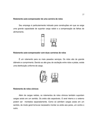 37
Rolamento auto-compensador de uma carreira de rolos
Seu emprego é particularmente indicado para construções em que se exige
uma grande capacidade de suportar carga radial e a compensação de falhas de
alinhamento.
Rolamento auto-compensador com duas carreiras de rolos
É um rolamento para os mais pesados serviços. Os rolos são de grande
diâmetro e comprimento. Devido ao alto grau de oscilação entre rolos e pistas, existe
uma distribuição uniforme de carga.
Rolamento de rolos cônicos
Além de cargas radiais, os rolamentos de rolos cônicos também suportam
cargas axiais em um sentido. Os anéis são separáveis. O anel interno e o externo
podem ser montados separadamente. Como só admitem cargas axiais em um
sentido, de modo geral torna-se necessário montar os anéis aos pares, um contra o
outro.
 