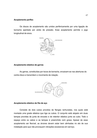 67
Acoplamento perflex
Os discos de acoplamento são unidos perifericamente por uma ligação de
borracha apertada por anéis de pressão. Esse acoplamento permite o jogo
longitudinal de eixos.
Acoplamento elástico de garras
As garras, constituídas por tocos de borracha, encaixam-se nas aberturas do
contra disco e transmitem o movimento de rotação.
Acoplamento elástico de fita de aço
Consiste de dois cubos providos de flanges ranhuradas, nos quais está
montada uma grade elástica que liga os cubos. O conjunto está alojado em duas
tampas providas de junta de encosto e de retentor elástico junto ao cubo. Todo o
espaço entre os cabos e as tampas é preenchido com graxa. Apesar de esse
acoplamento ser flexível, as árvores devem estar bem alinhadas no ato de sua
instalação para que não provoquem vibrações excessivas em serviço.
 