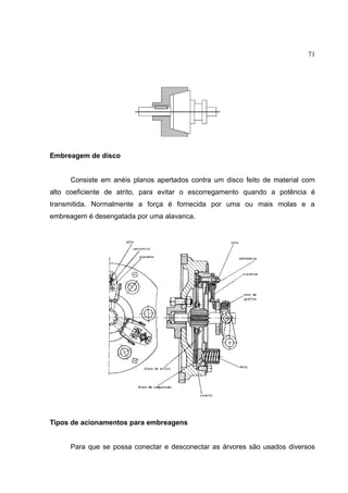 71
Embreagem de disco
Consiste em anéis planos apertados contra um disco feito de material com
alto coeficiente de atrito, para evitar o escorregamento quando a potência é
transmitida. Normalmente a força é fornecida por uma ou mais molas e a
embreagem é desengatada por uma alavanca.
Tipos de acionamentos para embreagens
Para que se possa conectar e desconectar as árvores são usados diversos
 