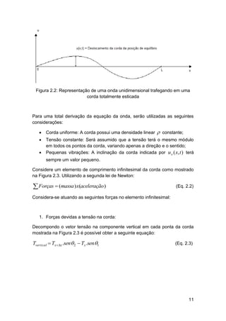 Figura 2.2: Representação de uma onda unidimensional trafegando em uma
corda totalmente esticada

Para uma total derivação da equação da onda, serão utilizadas as seguintes
considerações:





Corda uniforme: A corda possui uma densidade linear



Tensão constante: Será assumido que a tensão terá o mesmo módulo
em todos os pontos da corda, variando apenas a direção e o sentido;
Pequenas vibrações: A inclinação da corda indicada por u x ( x, t ) terá



constante;

sempre um valor pequeno.
Considere um elemento de comprimento infinitesimal da corda como mostrado
na Figura 2.3. Utilizando a segunda lei de Newton:

 Forças  (massa ) x(aceleração )

(Eq. 2.2)

Considera-se atuando as seguintes forças no elemento infinitesimal:

1. Forças devidas a tensão na corda:
Decompondo o vetor tensão na componente vertical em cada ponta da corda
mostrada na Figura 2.3 é possível obter a seguinte equação:

Tvertical  Txx .sen 2  Tx .sen1

(Eq. 2.3)

11

 
