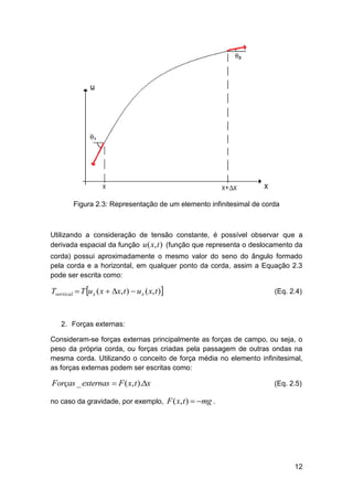 Figura 2.3: Representação de um elemento infinitesimal de corda

Utilizando a consideração de tensão constante, é possível observar que a
derivada espacial da função u ( x, t ) (função que representa o deslocamento da
corda) possui aproximadamente o mesmo valor do seno do ângulo formado
pela corda e a horizontal, em qualquer ponto da corda, assim a Equação 2.3
pode ser escrita como:

Tvertical  T u x ( x  x, t )  u x ( x, t )

(Eq. 2.4)

2. Forças externas:
Consideram-se forças externas principalmente as forças de campo, ou seja, o
peso da própria corda, ou forças criadas pela passagem de outras ondas na
mesma corda. Utilizando o conceito de força média no elemento infinitesimal,
as forças externas podem ser escritas como:

Forças _ externas  F ( x, t ).x

(Eq. 2.5)

no caso da gravidade, por exemplo, F ( x, t )  mg .

12

 