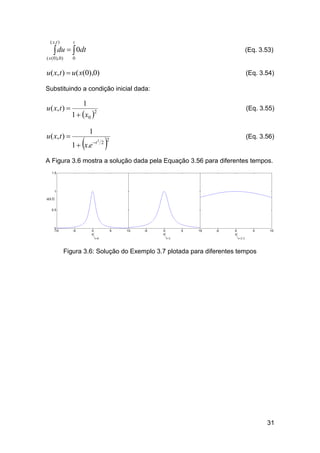 ( x ,t )

t

( x ( 0 ), 0 )

0

 du   0dt

(Eq. 3.53)

u( x, t )  u( x(0),0)

(Eq. 3.54)

Substituindo a condição inicial dada:

u ( x, t ) 

u ( x, t ) 

1

(Eq. 3.55)

1   x0 

2



1

1  x.e

t 2 2



2

(Eq. 3.56)

A Figura 3.6 mostra a solução dada pela Equação 3.56 para diferentes tempos.

Figura 3.6: Solução do Exemplo 3.7 plotada para diferentes tempos

31

 