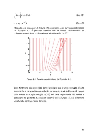 x

t

 dx   u ( x0 ,0)dt
x0

(Eq. 4.5)

0

x  x0  e  x0 .t
2

(Eq. 4.6)

Plotando-se a Equação 4.6 (Figura 4.1) encontram-se as curvas características
da Equação 4.1. É possível observar que as curvas características se
colapsam em um único ponto após aproximadamente t  1.2 .

Figura 4.1: Curvas características da Equação 4.1.

Esse fenômeno está associado com o princípio que a função solução u ( x, t )
acompanha a característica da solução no plano ( x, t , u ) . A Figura 4.2 mostra
duas curvas da função solução u ( x, t ) em uma região onde não ocorre a
catástrofe do gradiente. É possível observar que a função u ( x, t ) determina
uma função contínua nesse domínio.

33

 