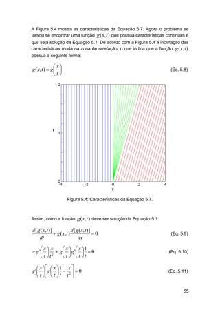 A Figura 5.4 mostra as características da Equação 5.7. Agora o problema se
tornou se encontrar uma função g ( x, t ) que possua características contínuas e
que seja solução da Equação 5.1. De acordo com a Figura 5.4 a inclinação das
características muda na zona de rarefação, o que indica que a função g ( x, t )
possua a seguinte forma:

 x
g ( x, t )  g  
t

(Eq. 5.8)

Figura 5.4: Características da Equação 5.7.

Assim, como a função g ( x, t ) deve ser solução da Equação 5.1:

d [ g ( x, t )]
d [ g ( x, t )]
 g ( x, t )
0
dt
dx

(Eq. 5.9)

 x x
 x   x 1
 g '  2  g   g '   0
 t t
 t   t t

(Eq. 5.10)

 x   x  1 x 
g '  g    2   0
 t   t  t t 

(Eq. 5.11)

55

 