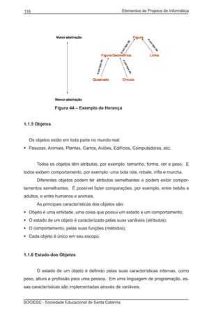 Elementos de Projetos de Informática116
SOCIESC - Sociedade Educacional de Santa Catarina
			 Figura 44 – Exemplo de Herança
1.1.5 Objetos
	 Os objetos estão em toda parte no mundo real:
Pessoas, Animais, Plantas, Carros, Aviões, Edifícios, Computadores, etc;	
		 Todos os objetos têm atributos, por exemplo: tamanho, forma, cor e peso. E
todos exibem comportamento, por exemplo: uma bola rola, rebate, infla e murcha.
		 Diferentes objetos podem ter atributos semelhantes e podem exibir compor-
tamentos semelhantes. É possível fazer comparações, por exemplo, entre bebês e
adultos, e entre humanos e animais.
		 As principais características dos objetos são:
Objeto é uma entidade, uma coisa que possui um estado e um comportamento;	
O estado de um objeto é caracterizado pelas suas variáveis (atributos);	
O comportamento, pelas suas funções (métodos);	
Cada objeto é único em seu escopo.	
1.1.6 Estado dos Objetos
		 O estado de um objeto é definido pelas suas características internas, como
peso, altura e profissão para uma pessoa. Em uma linguagem de programação, es-
sas características são implementadas através de variáveis.
 