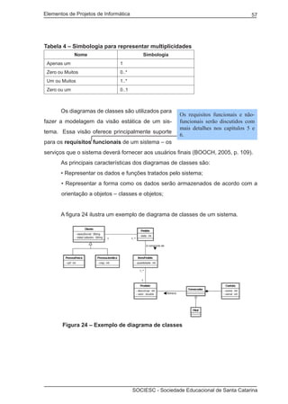 Elementos de Projetos de Informática 57
SOCIESC - Sociedade Educacional de Santa Catarina
Tabela 4 – Simbologia para representar multiplicidades
Nome Simbologia
Apenas um 1
Zero ou Muitos 0..*
Um ou Muitos 1..*
Zero ou um 0..1
	 Os diagramas de classes são utilizados para
fazer a modelagem da visão estática de um sis-
tema. Essa visão oferece principalmente suporte
para os requisitos funcionais de um sistema – os
serviços que o sistema deverá fornecer aos usuários finais (BOOCH, 2005, p. 109).
	 As principais características dos diagramas de classes são:
	 • Representar os dados e funções tratados pelo sistema;
• Representar a forma como os dados serão armazenados de acordo com a
orientação a objetos – classes e objetos;
	 A figura 24 ilustra um exemplo de diagrama de classes de um sistema.
	 Figura 24 – Exemplo de diagrama de classes
Os requisitos funcionais e não-
funcionais serão discutidos com
mais detalhes nos capítulos 5 e
6.
 