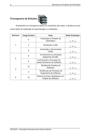 Elementos de Projetos de Informática6
SOCIESC - Sociedade Educacional de Santa Catarina
Cronograma de Estudos
	 Acompanhe no cronograma abaixo os conteúdos das aulas, e atualize as pos-
síveis datas de realização de aprendizagem e avaliações.
Semana Carga horária Aula Data/ Avaliação
1
4
Introdução a Projetos de
Informática _/_ a _/_
4 Introdução a UML
_/_ a _/_
8
Introdução a Ferramentas
CASE _/_ a _/_
2
8
Conhecendo os principais
diagramas da UML _/_ a _/_
8
Conhecendo o Processo de
desenvolvimento de Software _/_ a _/_
3
12
Modelando Projetos de
Software _/_ a _/_
4
Tendências do Processo de
Engenharia de Software _/_ a _/_
4 12
Estudo de Caso: Modelando um
Projeto de Software _/_ a _/_
 