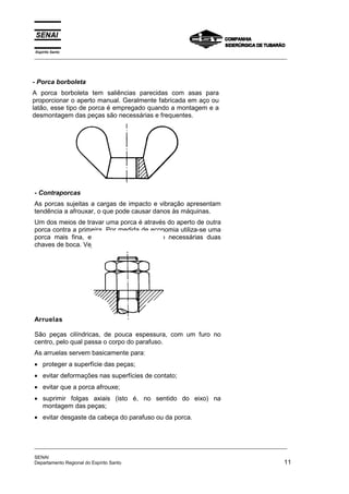 Espírito Santo
_________________________________________________________________________________________________
_________________________________________________________________________________________________
SENAI
Departamento Regional do Espírito Santo 11
- Contraporcas
As porcas sujeitas a cargas de impacto e vibração apresentam
tendência a afrouxar, o que pode causar danos às máquinas.
Um dos meios de travar uma porca é através do aperto de outra
porca contra a primeira. Por medida de economia utiliza-se uma
porca mais fina, e para sua travação são necessárias duas
chaves de boca. Veja figura a seguir.
Arruelas
São peças cilíndricas, de pouca espessura, com um furo no
centro, pelo qual passa o corpo do parafuso.
As arruelas servem basicamente para:
• proteger a superfície das peças;
• evitar deformações nas superfícies de contato;
• evitar que a porca afrouxe;
• suprimir folgas axiais (isto é, no sentido do eixo) na
montagem das peças;
• evitar desgaste da cabeça do parafuso ou da porca.
- Porca borboleta
A porca borboleta tem saliências parecidas com asas para
proporcionar o aperto manual. Geralmente fabricada em aço ou
latão, esse tipo de porca é empregado quando a montagem e a
desmontagem das peças são necessárias e frequentes.
 