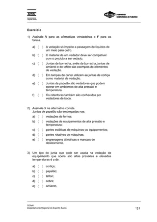 Espírito Santo
_________________________________________________________________________________________________
_________________________________________________________________________________________________
SENAI
Departamento Regional do Espírito Santo 121
Exercício
1) Assinale V para as afirmativas verdadeiras e F para as
falsas.
a) ( ) A vedação só impede a passagem de líquidos de
um meio para outro.
b) ( ) O material de um vedador deve ser compatível
com o produto a ser vedado.
c) ( ) Juntas de borracha; anéis de borracha; juntas de
amianto e de teflon são exemplos de elementos
de vedação.
d) ( ) Em tampas de cárter utilizam-se juntas de cortiça
como material de vedação.
e) ( ) Juntas de papelão são vedadores que podem
operar em ambientes de alta pressão e
temperatura.
f) ( ) Os retentores também são conhecidos por
vedadores de boca.
2) Assinale X na alternativa correta.
Juntas de papelão são empregadas nas:
a) ( ) vedações de fornos;
b) ( ) vedações de equipamentos de alta pressão e
temperatura;
c) ( ) partes estáticas de máquinas ou equipamentos;
d) ( ) partes rotativas de máquinas;
e) ( ) engrenagens cilíndricas e mancais de
deslizamento.
3) Um tipo de junta que pode ser usada na vedação de
equipamento que opera sob altas pressões e elevadas
temperaturas é a de:
a) ( ) cortiça;
b) ( ) papelão;
c) ( ) teflon;
d) ( ) cobre;
e) ( ) amianto.
 