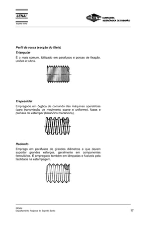 Espírito Santo
_________________________________________________________________________________________________
_________________________________________________________________________________________________
SENAI
Departamento Regional do Espírito Santo 17
Perfil da rosca (secção do filete)
Triangular
É o mais comum. Utilizado em parafusos e porcas de fixação,
uniões e tubos.
Trapezoidal
Empregado em órgãos de comando das máquinas operatrizes
(para transmissão de movimento suave e uniforme), fusos e
prensas de estampar (balancins mecânicos).
Redondo
Emprego em parafusos de grandes diâmetros e que devem
suportar grandes esforços, geralmente em componentes
ferroviários. É empregado também em lâmpadas e fusíveis pela
facilidade na estampagem.
 