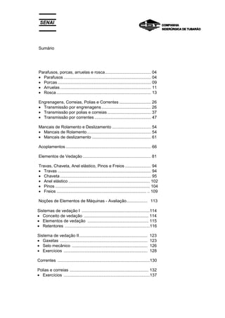 Sumário
Parafusos, porcas, arruelas e rosca....................................... 04
• Parafusos .......................................................................... 04
• Porcas ............................................................................... 09
• Arruelas ............................................................................. 11
• Rosca ................................................................................ 13
Engrenagens, Correias, Polias e Correntes ........................... 26
• Transmissão por engrenagens .......................................... 26
• Transmissão por polias e correias ..................................... 37
• Transmissão por correntes ................................................ 47
Mancais de Rolamento e Deslizamento ................................. 54
• Mancais de Rolamento ...................................................... 54
• Mancais de deslizamento .................................................. 61
Acoplamentos ........................................................................ 66
Elementos de Vedação .......................................................... 81
Travas, Chaveta, Anel elástico, Pinos e Freios ...................... 94
• Travas ............................................................................... 94
• Chaveta ............................................................................. 95
• Anel elástico ..................................................................... 102
• Pinos ................................................................................ 104
• Freios ............................................................................ .. 109
Noções de Elementos de Máquinas - Avaliação.................. 113
Sistemas de vedação I ..........................................................114
• Conceito de vedação ....................................................... 114
• Elementos de vedação .................................................... 115
• Retentores ........................................................................116
Sistema de vedação II.......................................................... 123
• Gaxetas .......................................................................... 123
• Selo mecânico ................................................................ 126
• Exercícios ....................................................................... 128
Correntes ..............................................................................130
Polias e correias ................................................................... 132
• Exercícios .........................................................................137
 