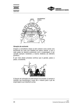 Espírito Santo
_________________________________________________________________________________________________
_________________________________________________________________________________________________
CST
30 Companhia Siderurgica de Tubarão
Geração de evolvente
Imagine a cremalheira citada no item anterior como sendo uma
ferramenta de corte que trabalha em plaina vertical, e que a
cada golpe se desloca juntamente com a engrenagem a ser
usinada (sempre mantendo a mesma distância do diâmetro
primitivo).
É por meio desse processo contínuo que é gerada, passo a
passo, a evolvente.
O ângulo de inclinação do perfil (ângulo de pressão α) sempre é
indicado nas ferramentas e deve ser o mesmo para o par de
engrenagens que trabalham juntas.
 