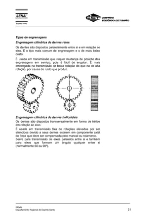 Espírito Santo
_________________________________________________________________________________________________
_________________________________________________________________________________________________
SENAI
Departamento Regional do Espírito Santo 31
Tipos de engrenagens
Engrenagem cilíndrica de dentes retos
Os dentes são dispostos paralelamente entre si e em relação ao
eixo. É o tipo mais comum de engrenagem e o de mais baixo
custo.
É usada em transmissão que requer mudança de posição das
engrenagens em serviço, pois é fácil de engatar. É mais
empregada na transmissão de baixa rotação do que na de alta
rotação, por causa do ruído que produz.
Engrenagem cilíndrica de dentes helicoidais
Os dentes são dispostos transversalmente em forma de hélice
em relação ao eixo.
É usada em transmissão fixa de rotações elevadas por ser
silenciosa devido a seus dentes estarem em componente axial
de força que deve ser compensada pelo mancal ou rolamento.
Serve para transmissão de eixos paralelos entre si e também
para eixos que formam um ângulo qualquer entre si
(normalmente 60 ou 90º).
 