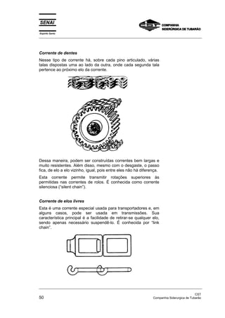 Espírito Santo
_________________________________________________________________________________________________
_________________________________________________________________________________________________
CST
50 Companhia Siderurgica de Tubarão
Corrente de dentes
Nesse tipo de corrente há, sobre cada pino articulado, várias
talas dispostas uma ao lado da outra, onde cada segunda tala
pertence ao próximo elo da corrente.
Dessa maneira, podem ser construídas correntes bem largas e
muito resistentes. Além disso, mesmo com o desgaste, o passo
fica, de elo a elo vizinho, igual, pois entre eles não há diferença.
Esta corrente permite transmitir rotações superiores às
permitidas nas correntes de rolos. É conhecida como corrente
silenciosa (“silent chain”).
Corrente de elos livres
Esta é uma corrente especial usada para transportadores e, em
alguns casos, pode ser usada em transmissões. Sua
característica principal é a facilidade de retirar-se qualquer elo,
sendo apenas necessário suspendê-lo. É conhecida por “link
chain”.
 
