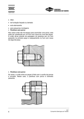 Espírito Santo
_________________________________________________________________________________________________
_________________________________________________________________________________________________
CST
6 Companhia Siderúrgica de Tubarão
• Allen
• de fundação farpado ou dentado
• auto-atarraxante
• para pequenas montagens
• Parafuso sem porca
Nos casos onde não há espaço para acomodar uma porca, esta
pode ser substituída por um furo com rosca em uma das peças.
A união dá-se através da passagem do parafuso por um furo
passante na primeira peça e rosqueamento no furo com rosca
da segunda peça.
• Parafuso com porca
Às vezes, a união entre as peças é feita com o auxílio de porcas
e arruelas. Nesse caso, o parafuso com porca é chamado
passante.
 