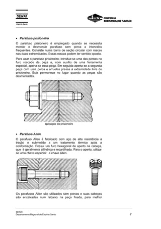 Espírito Santo
_________________________________________________________________________________________________
_________________________________________________________________________________________________
SENAI
Departamento Regional do Espírito Santo 7
• Parafuso prisioneiro
O parafuso prisioneiro é empregado quando se necessita
montar e desmontar parafuso sem porca a intervalos
frequentes. Consiste numa barra de seção circular com roscas
nas duas extremidades. Essas roscas podem ter sentido oposto.
Para usar o parafuso prisioneiro, introduz-se uma das pontas no
furo roscado da peça e, com auxílio de uma ferramenta
especial, aperta-se essa peça. Em seguida aperta-se a segunda
peça com uma porca e arruelas presas à extremidade livre do
prisioneiro. Este permanece no lugar quando as peças são
desmontadas.
aplicação do prisioneiro
• Parafuso Allen
O parafuso Allen é fabricado com aço de alta resistência à
tração e submetido a um tratamento térmico após a
conformação. Possui um furo hexagonal de aperto na cabeça,
que é geralmente cilíndrica e recartilhada. Para o aperto, utiliza-
se uma chave especial: a chave Allen.
Os parafusos Allen são utilizados sem porcas e suas cabeças
são encaixadas num rebaixo na peça fixada, para melhor
 