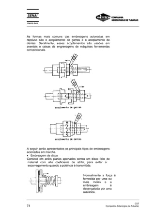 Espírito Santo
_________________________________________________________________________________________________
_________________________________________________________________________________________________
CST
74 Companhia Siderúrgica de Tubarão
As formas mais comuns das embreagens acionadas em
repouso são o acoplamento de garras e o acoplamento de
dentes. Geralmente, esses acoplamentos são usados em
aventais e caixas de engrenagens de máquinas ferramentas
convencionais.
A seguir serão apresentados os principais tipos de embreagens
acionadas em marcha.
• Embreagem de disco
Consiste em anéis planos apertados contra um disco feito de
material com alto coeficiente de atrito, para evitar o
escorregamento quando a potência é transmitida.
Normalmente a força é
fornecida por uma ou
mais molas e a
embreagem é
desengatada por uma
alavanca.
 