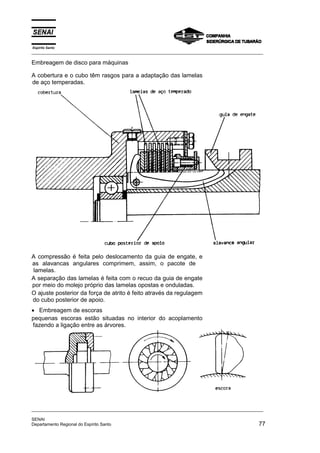 Espírito Santo
_________________________________________________________________________________________________
Embreagem de disco para máquinas
_________________________________________________________________________________________________
SENAI
Departamento Regional do Espírito Santo 77
A cobertura e o cubo têm rasgos para a adaptação das lamelas
de aço temperadas.
A compressão é feita pelo deslocamento da guia de engate, e
as alavancas angulares comprimem, assim, o pacote de
lamelas.
A separação das lamelas é feita com o recuo da guia de engate
por meio do molejo próprio das lamelas opostas e onduladas.
O ajuste posterior da força de atrito é feito através da regulagem
do cubo posterior de apoio.
• Embreagem de escoras
pequenas escoras estão situadas no interior do acoplamento
fazendo a ligação entre as árvores.
 