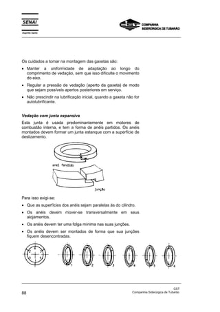 Espírito Santo
_________________________________________________________________________________________________
_________________________________________________________________________________________________
CST
88 Companhia Siderúrgica de Tubarão
Os cuidados a tomar na montagem das gaxetas são:
• Manter a uniformidade de adaptação ao longo do
comprimento de vedação, sem que isso dificulte o movimento
do eixo.
• Regular a pressão de vedação (aperto da gaxeta) de modo
que sejam possíveis apertos posteriores em serviço.
• Não prescindir na lubrificação inicial, quando a gaxeta não for
autolubrificante.
Vedação com junta expansiva
Esta junta é usada predominantemente em motores de
combustão interna, e tem a forma de anéis partidos. Os anéis
montados devem formar um junta estanque com a superfície de
deslizamento.
Para isso exigi-se:
• Que as superfícies dos anéis sejam paralelas às do cilindro.
• Os anéis devem mover-se transversalmente em seus
alojamentos.
• Os anéis devem ter uma folga mínima nas suas junções.
• Os anéis devem ser montados de forma que sua junções
fiquem desencontradas.
 