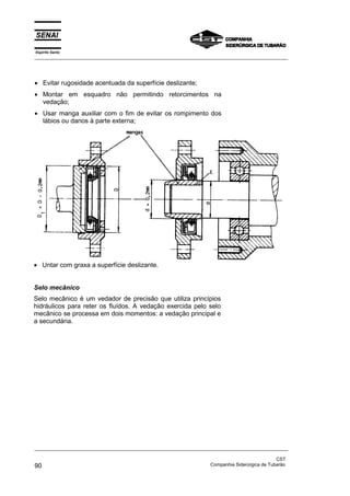 Espírito Santo
_________________________________________________________________________________________________
_________________________________________________________________________________________________
CST
90 Companhia Siderúrgica de Tubarão
• Evitar rugosidade acentuada da superfície deslizante;
• Montar em esquadro não permitindo retorcimentos na
vedação;
• Usar manga auxiliar com o fim de evitar os rompimento dos
lábios ou danos à parte externa;
• Untar com graxa a superfície deslizante.
Selo mecânico
Selo mecânico é um vedador de precisão que utiliza princípios
hidráulicos para reter os fluídos. A vedação exercida pelo selo
mecânico se processa em dois momentos: a vedação principal e
a secundária.
 