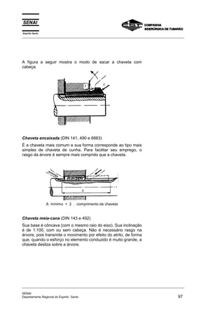 Espírito Santo
_________________________________________________________________________________________________
_________________________________________________________________________________________________
SENAI
Departamento Regional do Espirito Santo 97
A figura a seguir mostra o modo de sacar a chaveta com
cabeça.
Chaveta encaixada (DIN 141, 490 e 6883)
É a chaveta mais comum e sua forma corresponde ao tipo mais
simples de chaveta de cunha. Para facilitar seu emprego, o
rasgo da árvore é sempre mais comprido que a chaveta.
A mínimo = 2 . comprimento da chaveta
Chaveta meia-cana (DIN 143 e 492)
Sua base é côncava (com o mesmo raio do eixo). Sua inclinação
é de 1:100, com ou sem cabeça. Não é necessário rasgo na
árvore, pois transmite o movimento por efeito do atrito, de forma
que, quando o esforço no elemento conduzido é muito grande, a
chaveta desliza sobre a árvore.
 