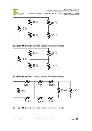 MINISTÉRIO DA EDUCAÇÃO 
SECRETARIA DE EDUCAÇÃO PROFISSIONAL E TECNOLÓGICA 
INSTITUTO FEDERAL DE EDUCAÇÃO CIÊNCIA E TECNOLOGIA DE SANTA CATARINA 
CAMPUS DE ARARANGUÁ 
Exercício 41: Encontre o valor o valor do resistor equivalente 
Exercício 42: Encontre o valor o valor do resistor equivalente 
Exercício 43: Encontre o valor o valor do resistor equivalente 
Eletricidade Básica Prof. Eng. Giovani Batista de Souza Página: 62 
 